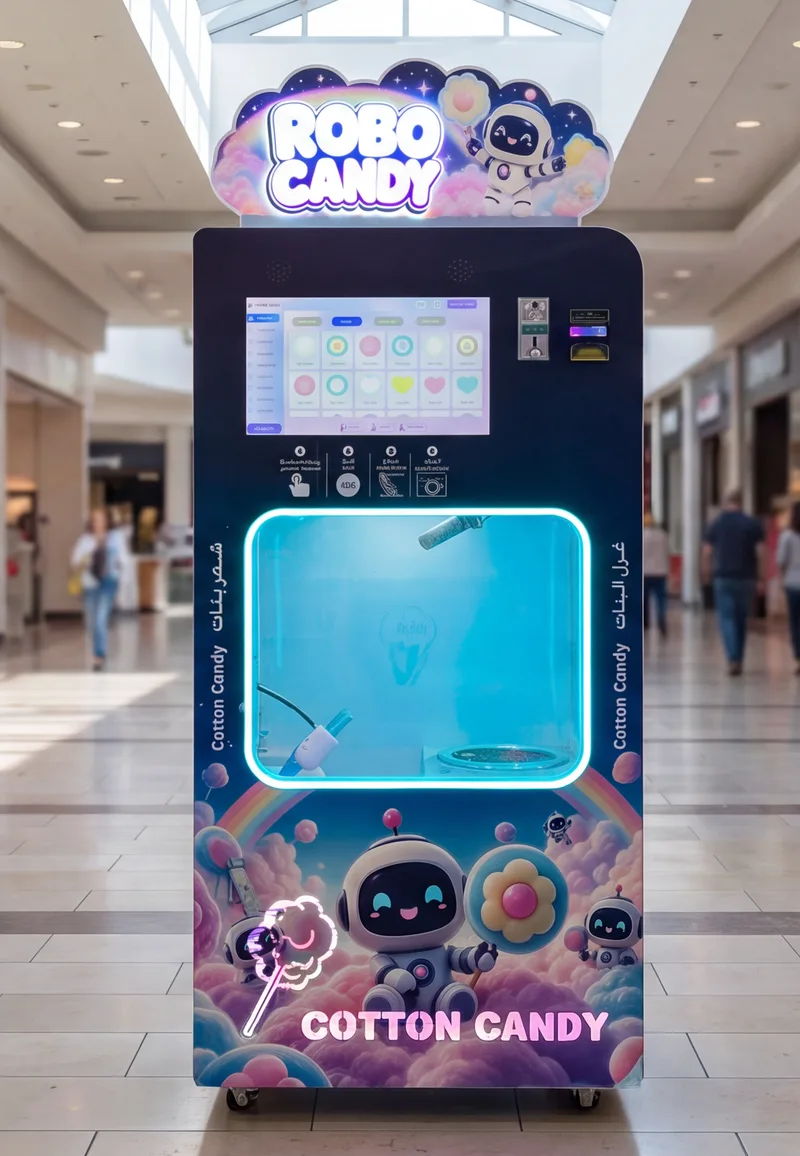 The RoboCandy machine with its key components highlighted